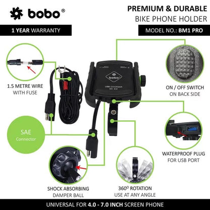 BOBO BM1 PRO Jaw-Grip Bike Phone Holder With Fast USB 3.0 Charger (Black)