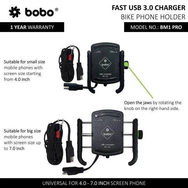 BOBO BM1 PRO Jaw-Grip Bike Phone Holder With Fast USB 3.0 Charger (Black)