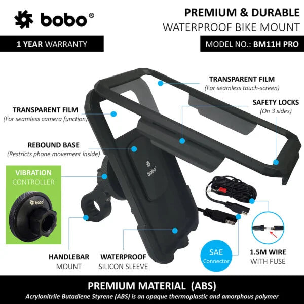 PRO Fully Waterproof Bike Phone Holder with Vibration Controller (with Fast 15W Wireless Charger & USB-C Input/Output Port) Motorcycle Mobile Mount - BOBO - BB-BM-011-111001