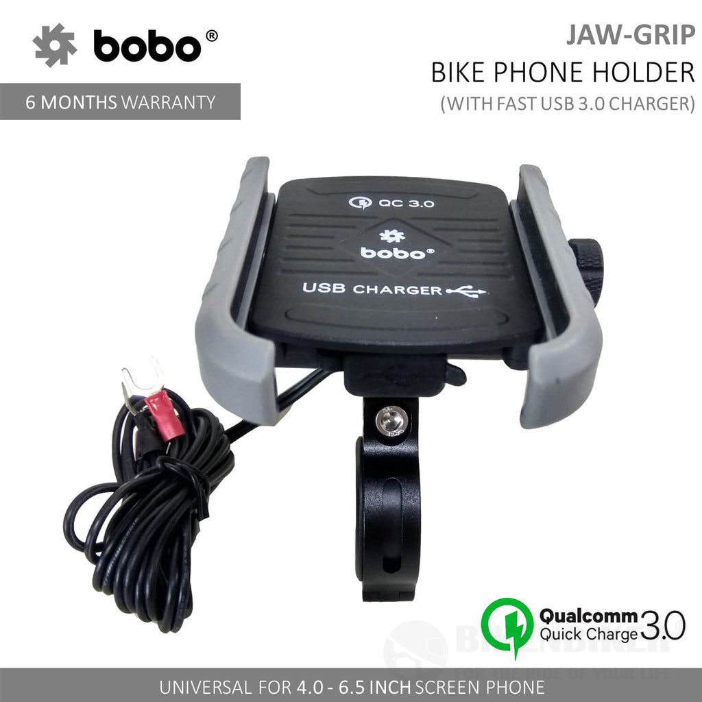 Jaw-Grip Aluminium (with fast USB 3.0 charger) Bike / Cycle Phone Holder Motorcycle Mobile Mount - Bobo