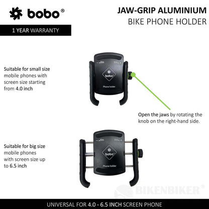 Jaw-Grip Aluminium Bike / Cycle Phone Holder Motorcycle Mobile Mount - Bobo