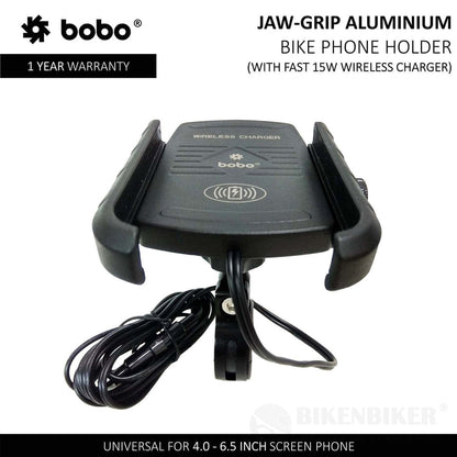 Jaw-Grip Aluminium (with Fast 15W Wireless Charger) Bike / Cycle Phone Holder Motorcycle Mobile Mount - Bobo