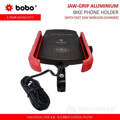 Jaw-Grip Aluminium (with Fast 15W Wireless Charger) Bike / Cycle Phone Holder Motorcycle Mobile Mount - Bobo