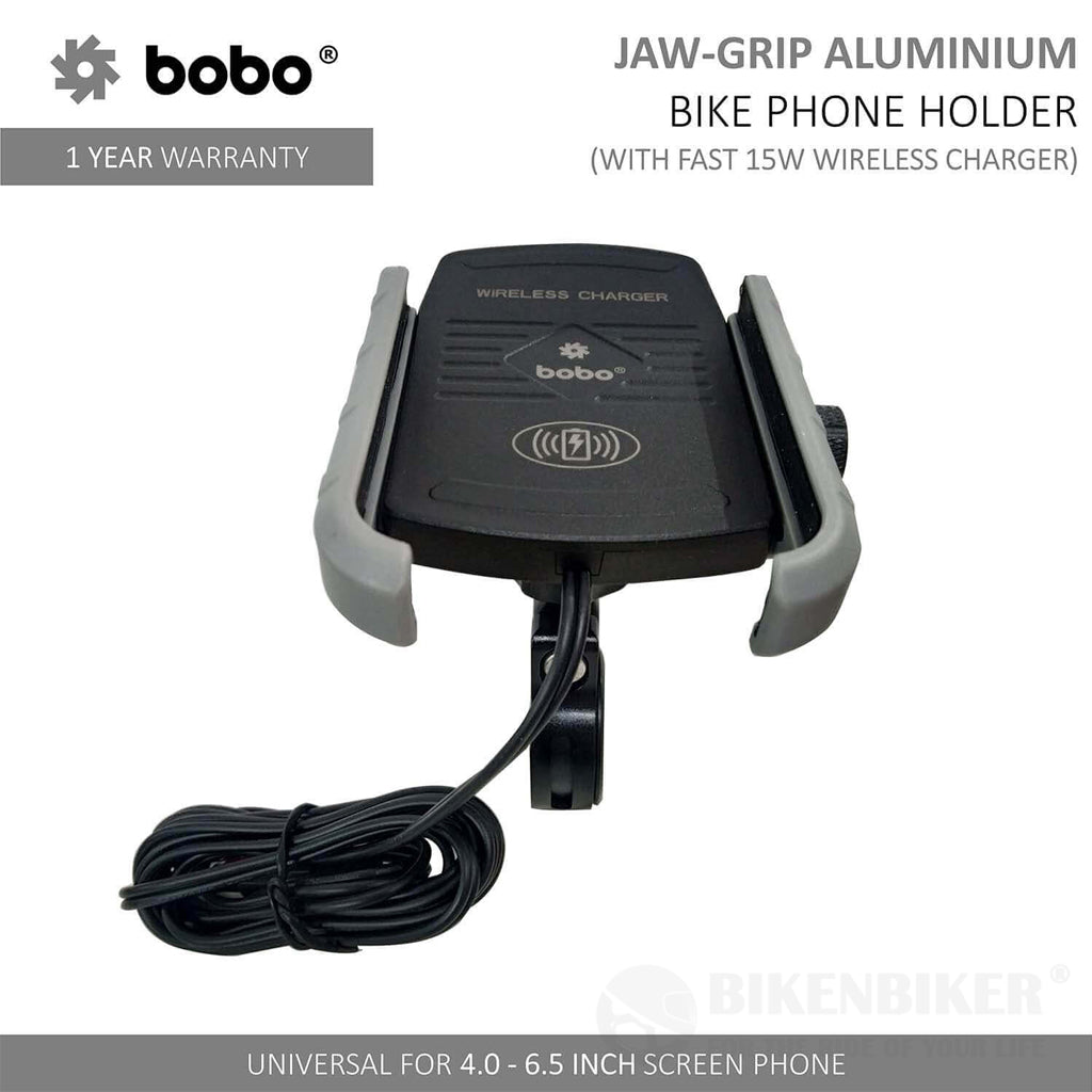 Jaw-Grip Aluminium (with Fast 15W Wireless Charger) Bike / Cycle Phone Holder Motorcycle Mobile Mount - Bobo