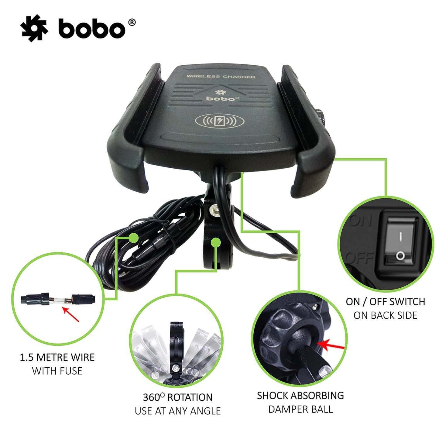 Jaw-Grip Aluminium (with Fast 15W Wireless Charger) Bike / Cycle Phone Holder Motorcycle Mobile Mount - Bobo