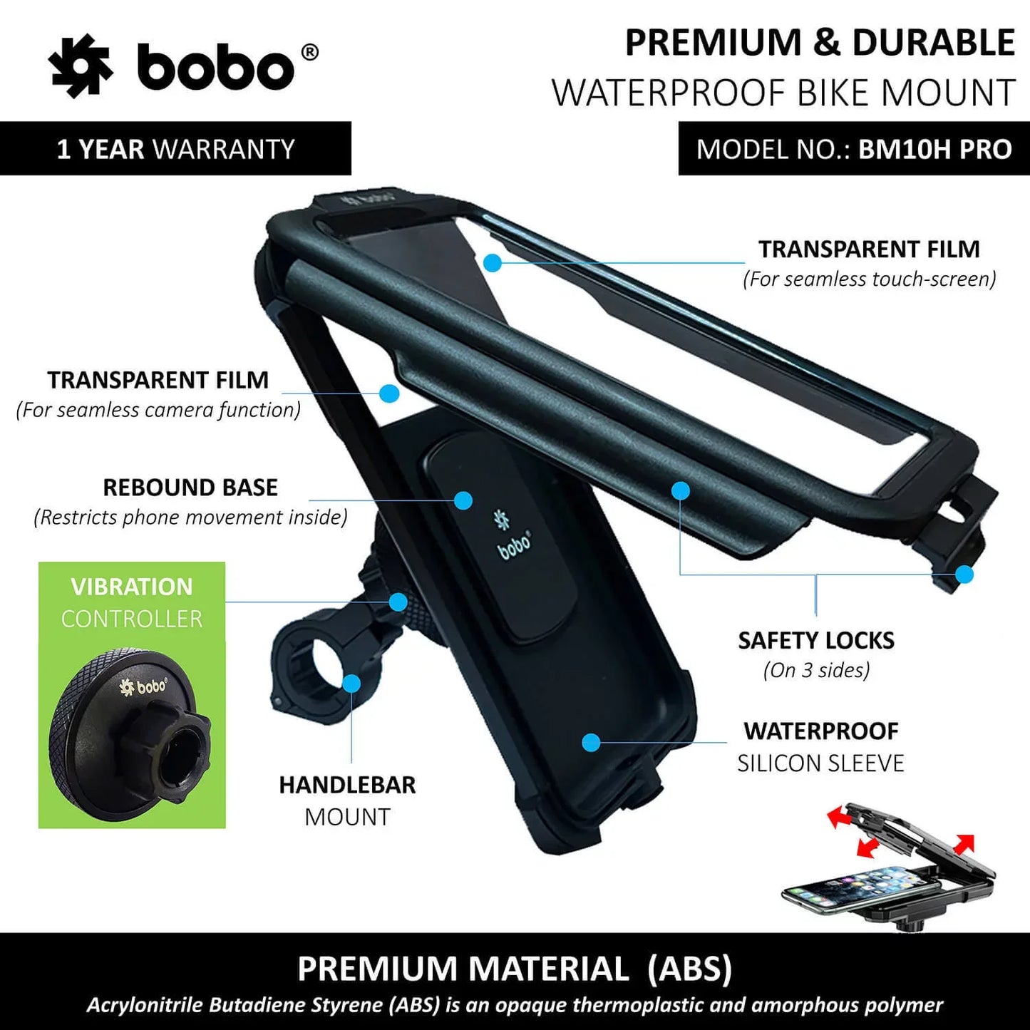 BOBO BM10H PRO Jaw-Grip Mobile Phone Holder Mount with Fast USB 3.0 Charger (Black)