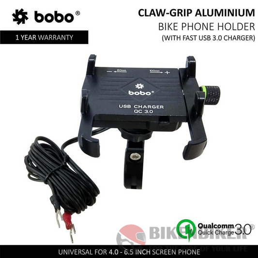 Claw-Grip Aluminium  (with 3.0A Fast USB charger) Bike / Cycle Phone Holder Motorcycle Mobile Mount - Bobo