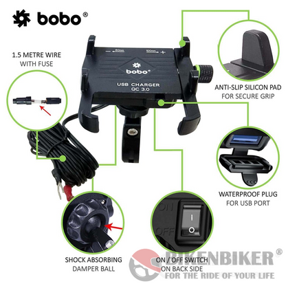 Claw-Grip Aluminium  (with 3.0A Fast USB charger) Bike / Cycle Phone Holder Motorcycle Mobile Mount - Bobo