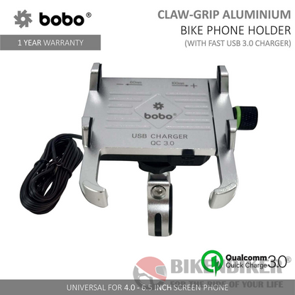 Claw-Grip Aluminium  (with 3.0A Fast USB charger) Bike / Cycle Phone Holder Motorcycle Mobile Mount - Bobo