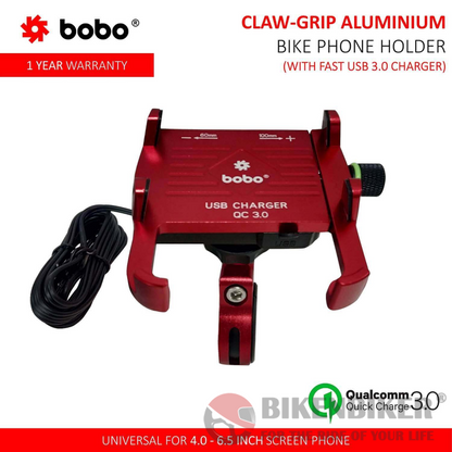 Claw-Grip Aluminium  (with 3.0A Fast USB charger) Bike / Cycle Phone Holder Motorcycle Mobile Mount - Bobo