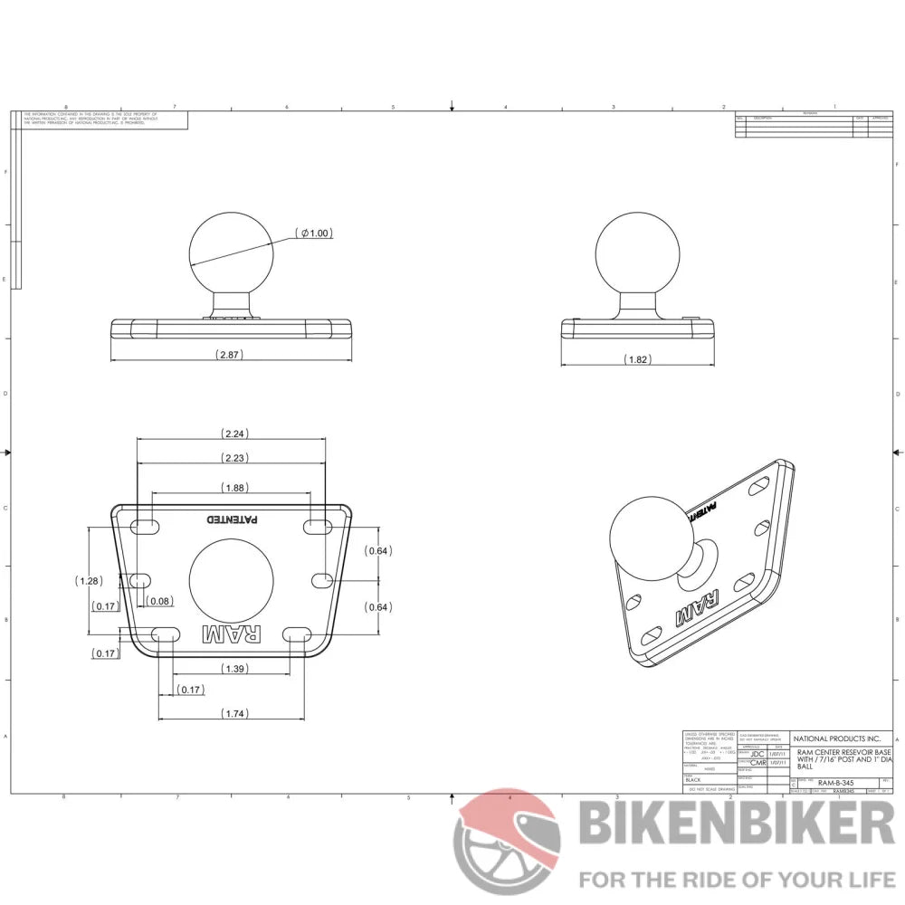 RAM Motorcycle Brake/Clutch Reservoir Cover Base with 1" Ball Centered - Bike 'N' Biker